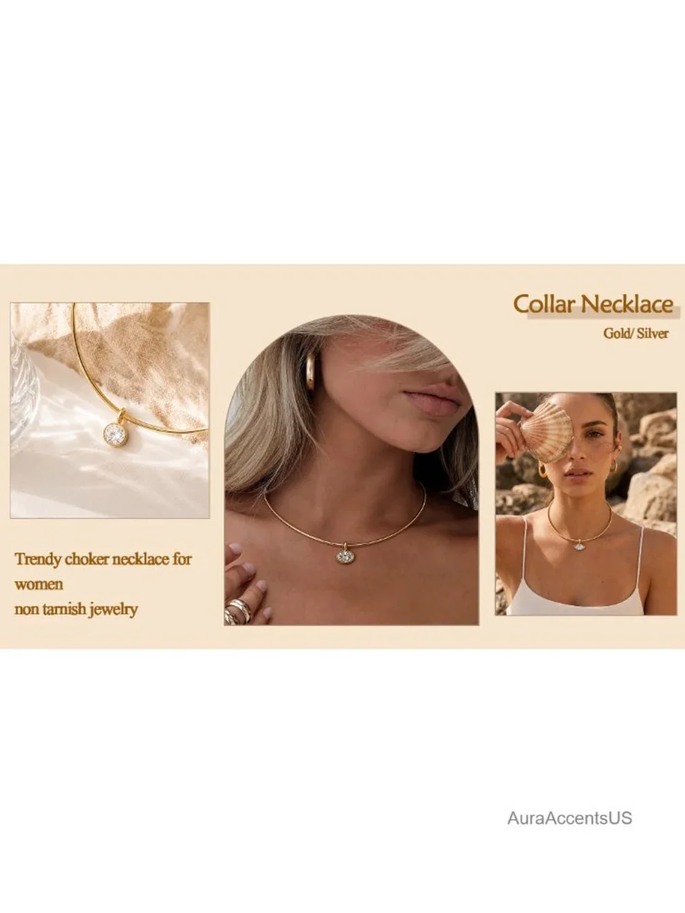 Non Tarnish Gold Plated Choker Necklace for Women CZ Sun Pendant Waterproof
